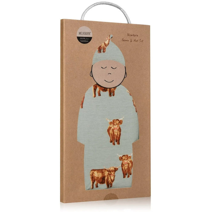 Highland Cow Newborn Gown & Hat Set